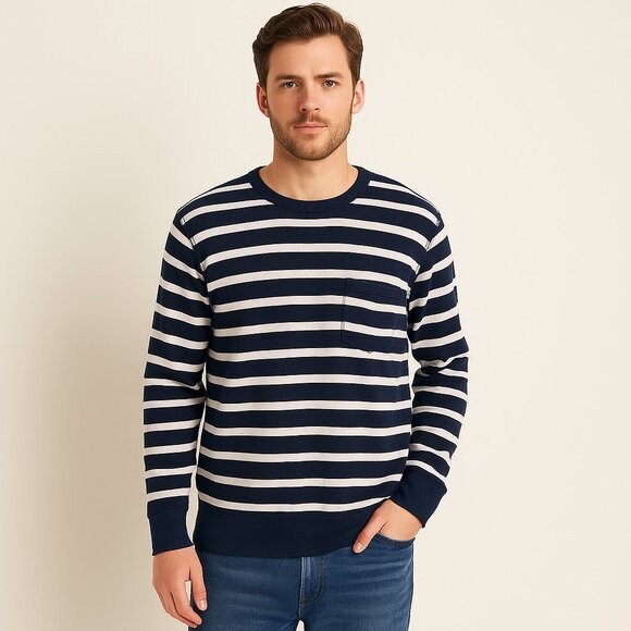 NWT J.Crew 100% Cotton Navy & Off White Striped Long Sleeve Pocket Tee Shirt L - Picture 8 of 8